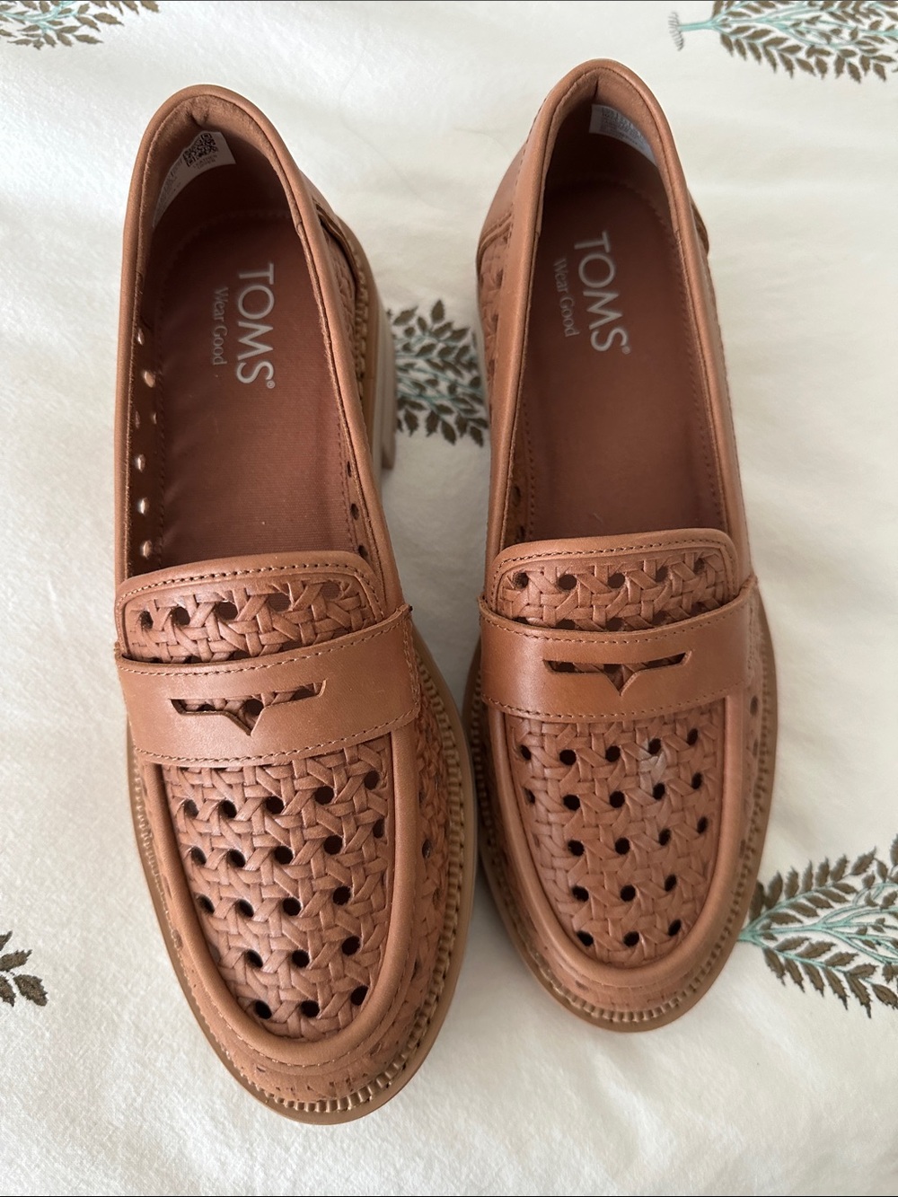 TOMS Woven Leather Penny Loafers in Tan Brown